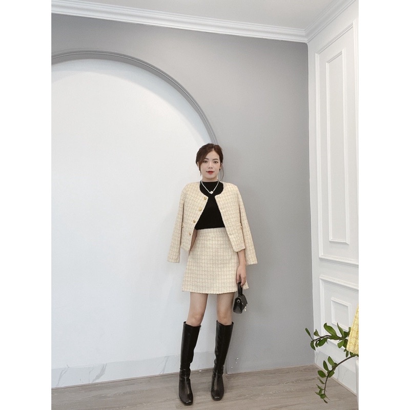 Sét dạ tweed cổ tròn dành cho nữ
