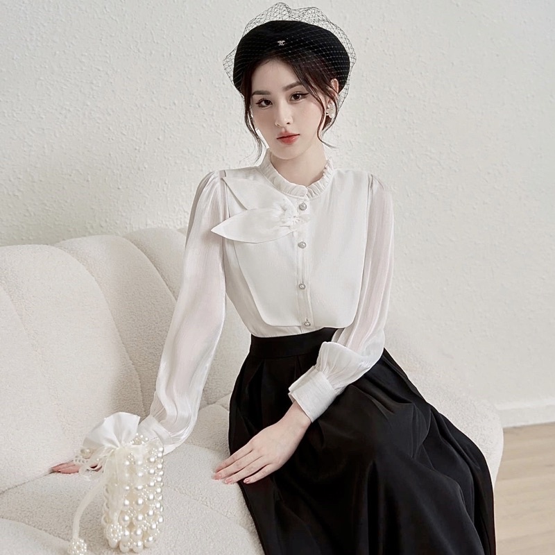 Áo sơ mi cổ bèo thiết kế Charm..store chất liệu tơ ánh mềm mịn may hai lớp có lót bên trong
