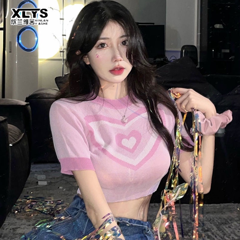 Áo croptop XINLANYASHE dệt kim tay ngắn in họa tiết thời trang Hàn Quốc cho nữ