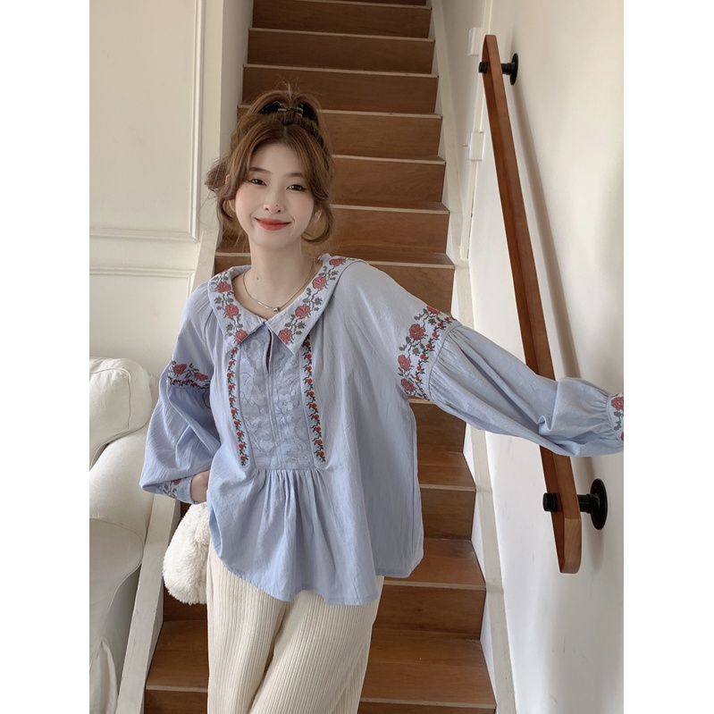 Áo Sơ Mi Tay Dài Dáng Rộng Thêu Hoa Màu Trơn Phong Cách Trung Hoa Cổ Điển Thời Trang Mùa Xuân Mới Cho Nữ