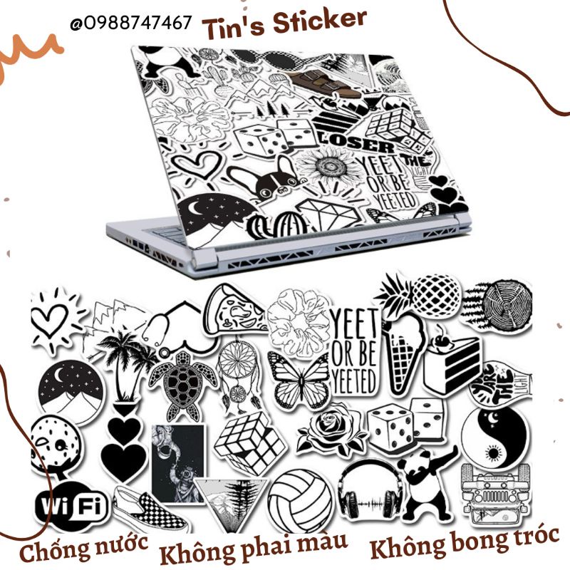 Set combo 50 miếng dán sticker retro trắng đen dán nón mũ bảo hiểm laptop vali sổ tay đàn guitar điện thoại tủ lạnh