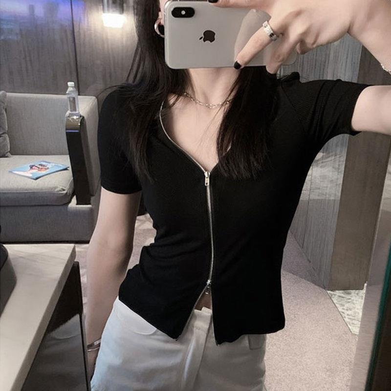 Áo Thun Ngắn Tay Khóa Kéo Đôi Ôm Dáng Thời Trang Mùa Hè Hàng Mới Dành Cho Nữ
