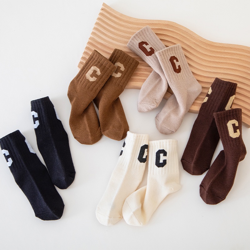 Set 5 Đôi Vớ 100% Cotton Thoải Mái Chất Lượng Cao In Họa Tiết Chữ C Lớn Cho Bé Từ 1-12 Tuổi