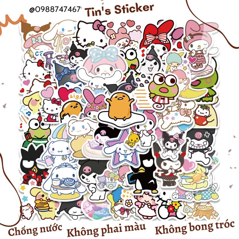Set combo 50 miếng dán sticker sanrio kuroki my melody kitty dán nón mũ bảo hiểm laptop vali sổ tay tủ lạnh đàn guitar