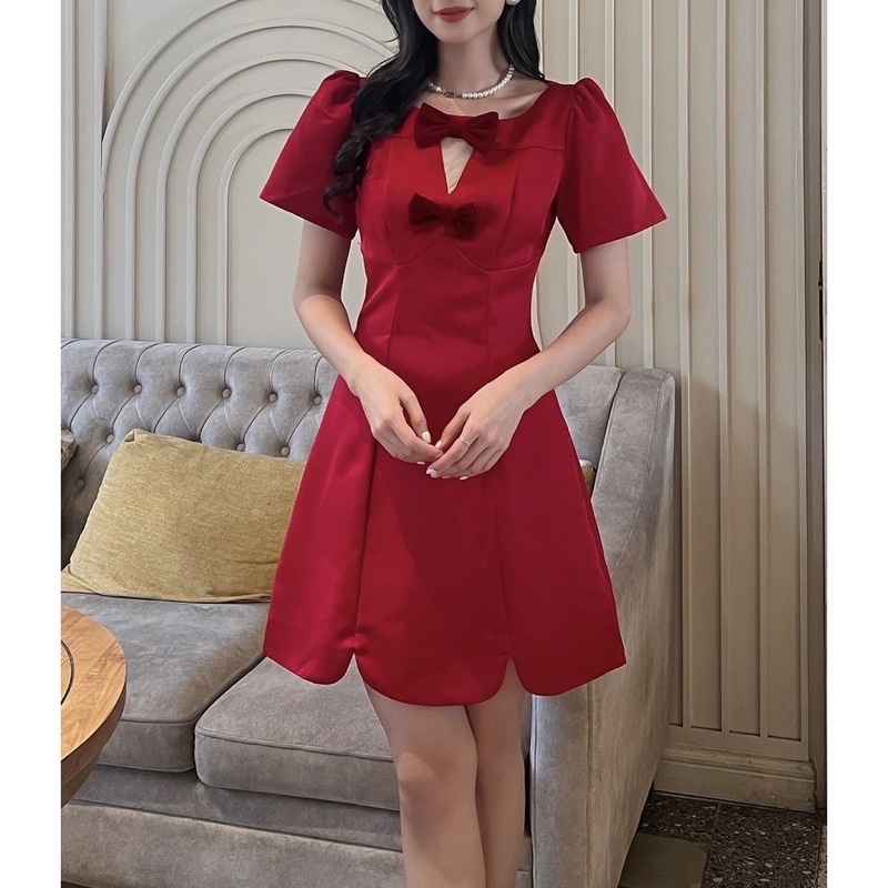 Đầm Xòe Tay Phồng Cut Out Phối Nơ Đi Tiệc Sang Trọng Màu Đỏ / Đen Form Ngắn