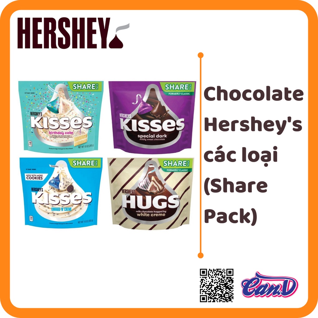 Chocolate Hershey's Kisses/ Hugs các loại gói Share Pack