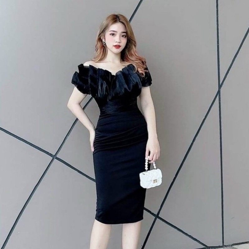 Đầm váy nữ body trễ vai cao cấp dự tiệc sang chảnh màu phối 4 màu tay lửng bồng stclothing Vip87