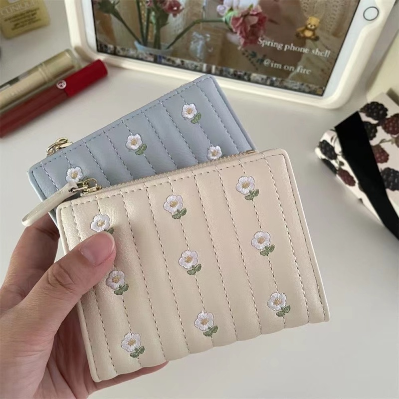 Ví Gấp Mini Thêu Họa Tiết Hoa Đơn Giản Chất Lượng Theo Phong Cách Hàn Quốc Dành Cho Nữ