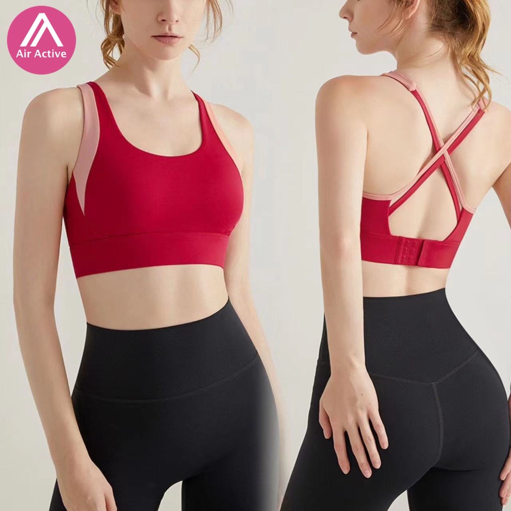 Áo Ngực Thể Thao Có Đệm Cố Định Dây Chéo Lưng Phối Màu Tương Phản Thích Hợp Chạy Bộ
