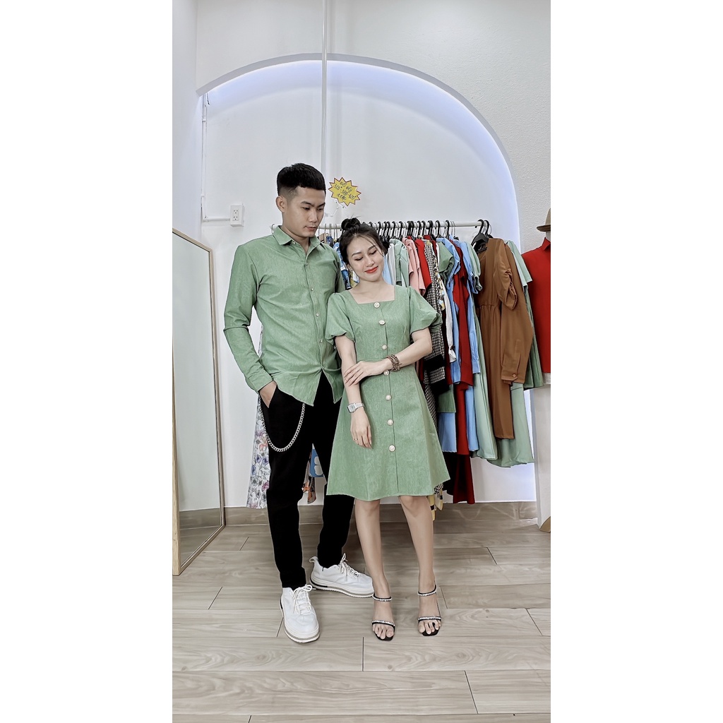 (Có bigsize nam nữ) Áo váy đôi xanh rêu tay bồng xinh xắn - Đồ đôi Forever Couple Store | Tiệm Đồ Đôi