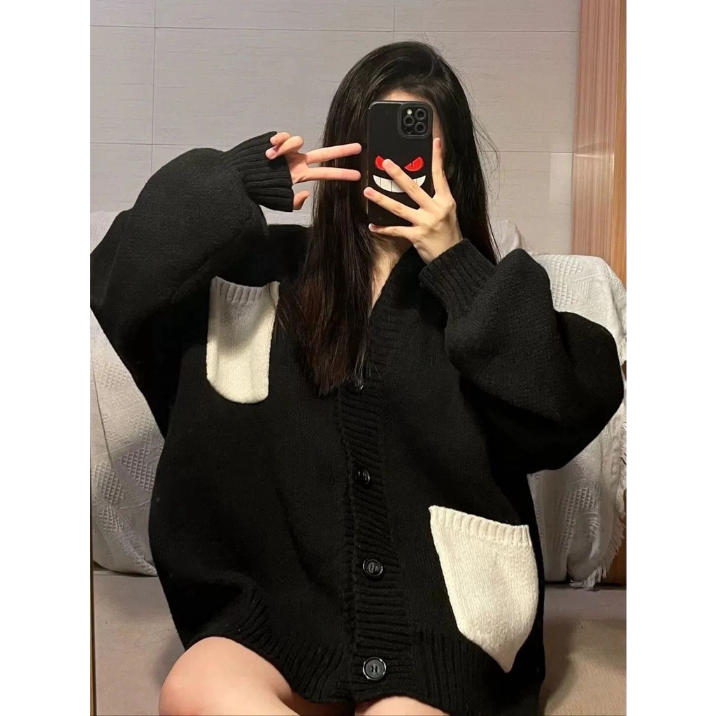 Áo Khoác Cardigan Dệt Kim Phối Túi Màu Sắc Tương Phản Phong Cách Retro Hàn Quốc Cho Nữ
