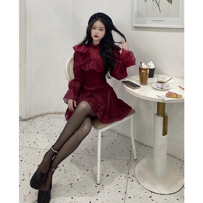 ĐẦM VOAN ĐỎ VIỀN BÈO TAY LOE
