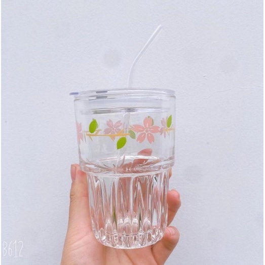 Cốc thuỷ tinh hoa anh đào nhí chanh vàng đào lê dâu tây CTT3 nắp kín cute dễ thương trang trí decor vintage 400ml