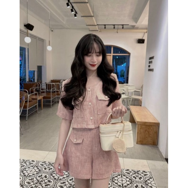 Set dạ tweed hồng kèm quần short