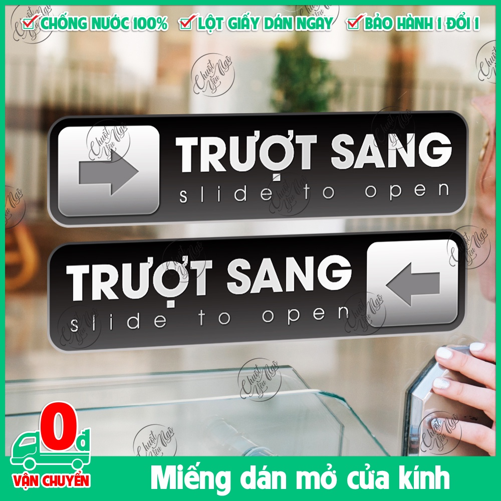 Bộ 2 miếng dán cửa kính trượt sang trái phải decal chống thấm nước mũi tên kéo lùa ngang tự động có keo sẵn
