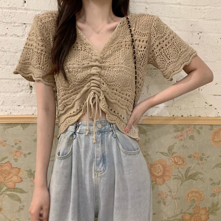 Áo kiểu lưới tay ngắn phối dây rút chống nắng thời trang mùa hè dành cho nữ
