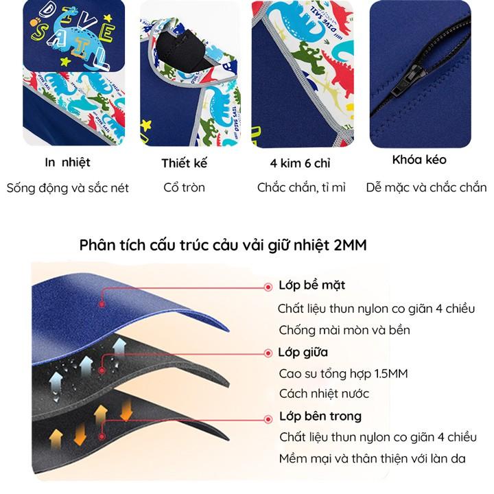 Đồ bơi bé trai, giữ nhiệt, liền thân tay dài quần dài chống nắng, chất liệu Cao su neoprene dày 2mm size từ 14kg - 36kg