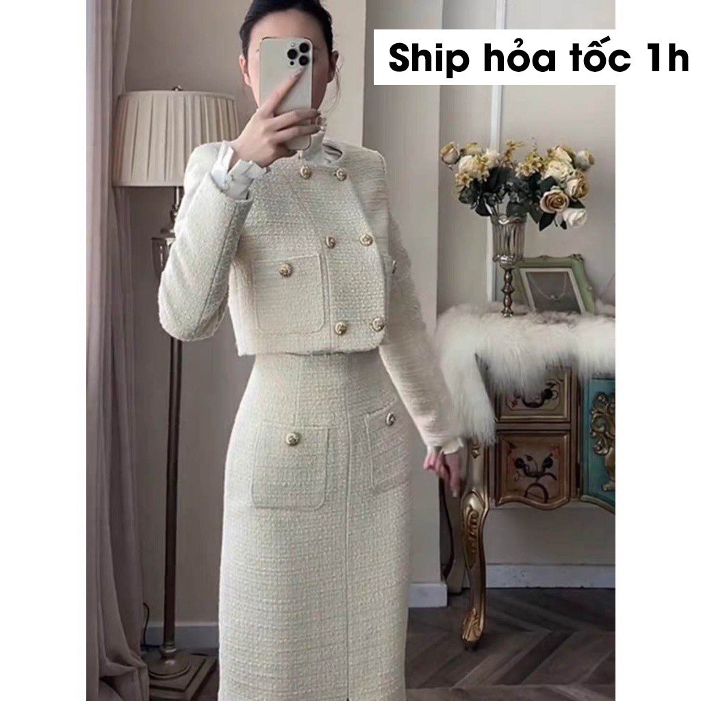 Sét Dạ Tweed Cao Cấp, Áo Dáng Ngắn, Chân Váy Dạ Bút Chì Xẻ
