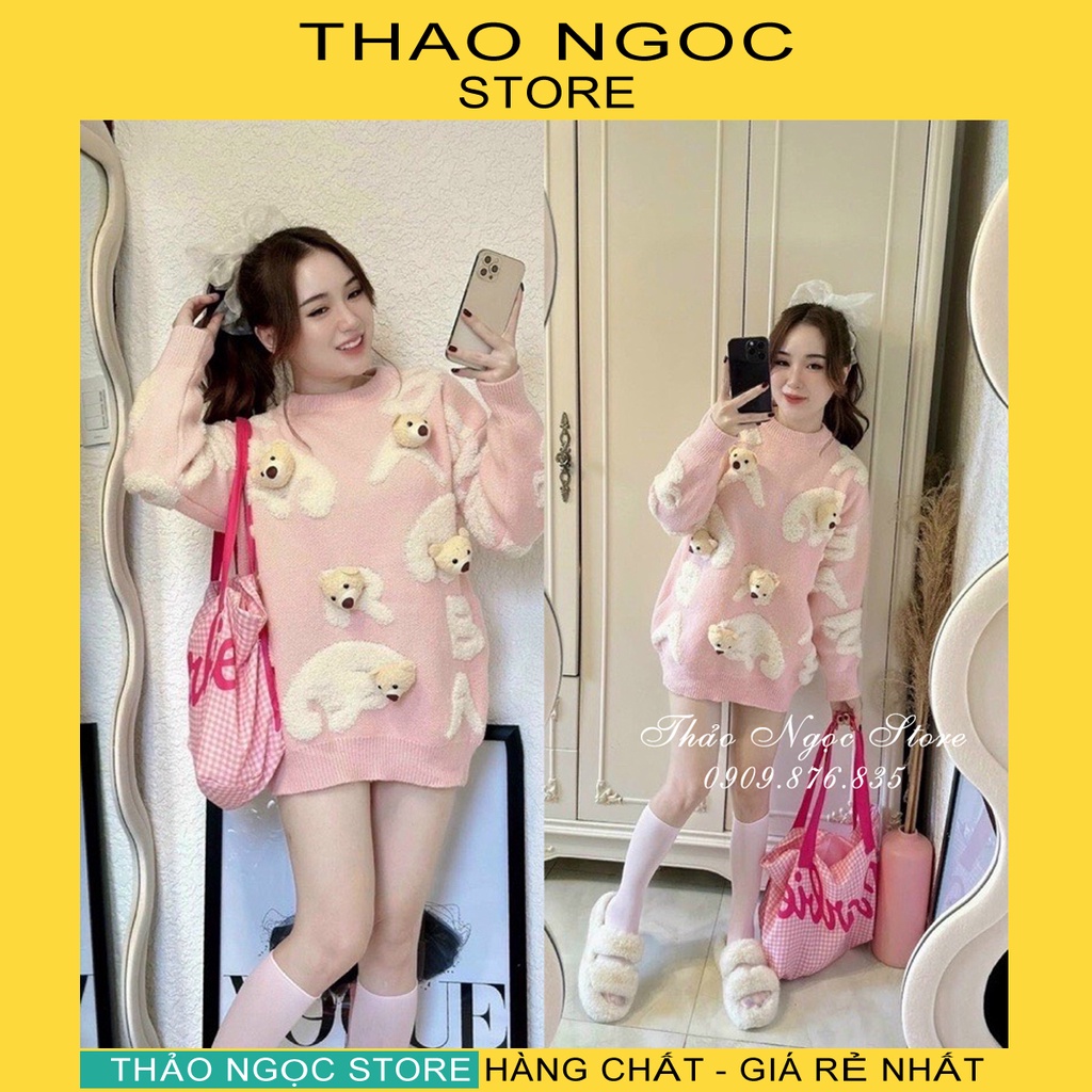 Áo len form rộng đính gấu nổi hàng nhập QC! (hình thật)