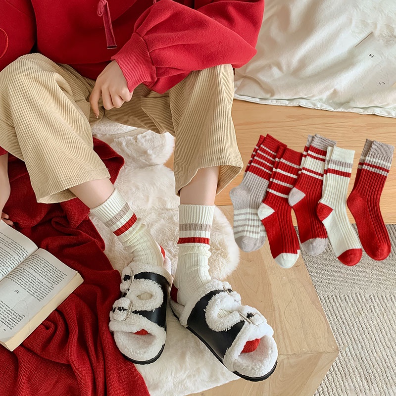 1 Đôi Tất Dệt Kim Cổ Cao Họa Tiết Kẻ Sọc Đỏ May Mắn Phong Cách Trung Hoa Chất Lượng Cao Cho Nữ