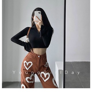 Áo croptop cổ bẻ polo tay dài thun mịn co giãn A066 Áo thun có túi ngực đen trắng trơn basic trẻ trung