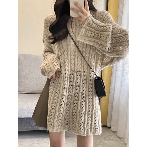 Áo sweater len nâu mơ màu trơn mix chân váy phong cách retro Pháp thời trang xuân thu mới