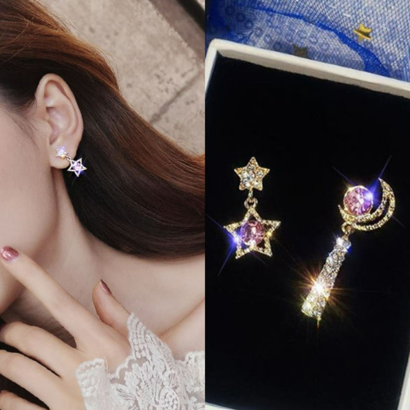 Bông Tai Mạ Bạc 925 Hình Ngôi Sao Mặt Trăng Đính Đá Thời Trang Cho Nữ