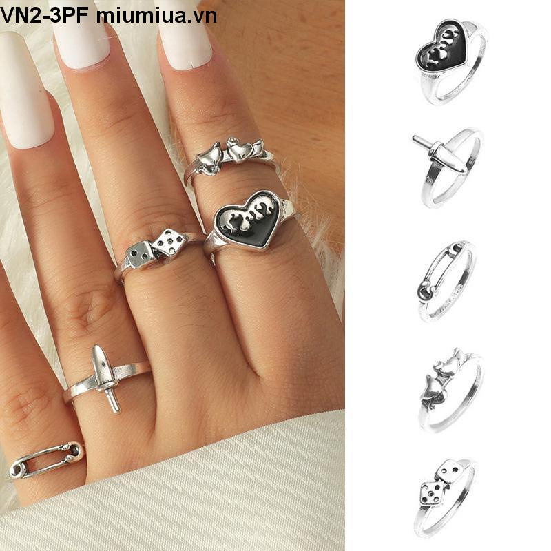INS Nhẫn kim loại cổ điển Bộ 5 mảnh Retro cho nam và nữ