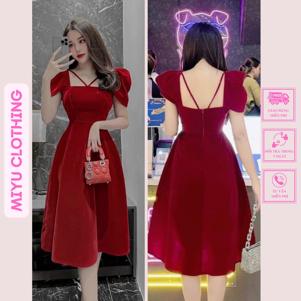 Váy đỏ tiểu thư cổ vuông dự tiệc đầm đỏ dáng xòe mặc noel tết chụp hình tết xinh sang chảnh Miyu clothing