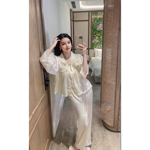 Set bộ ngủ 3 món lụa cao cấp màu kem be cổ tròn buộc nơ, bộ pyjama cao cấp mặc nhà