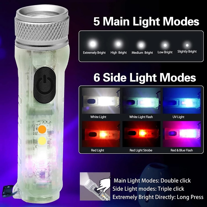 Móc Khóa Đèn Pin LED UV Đa Năng Chống Nước Có Thể Sạc Lại Loại C Dùng Khi Đi Cắm Trại