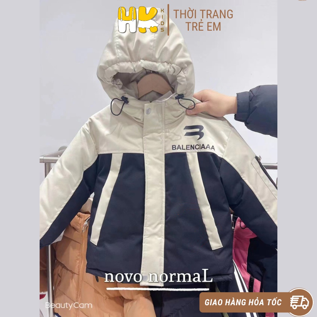 Áo khoác mùa đông cho bé trai HK KIDS, áo khoác chữ BALENCIAGA có mũ chất dày giữ ấm ngày rét đại hàn sz bé từ 4-10 tuổi