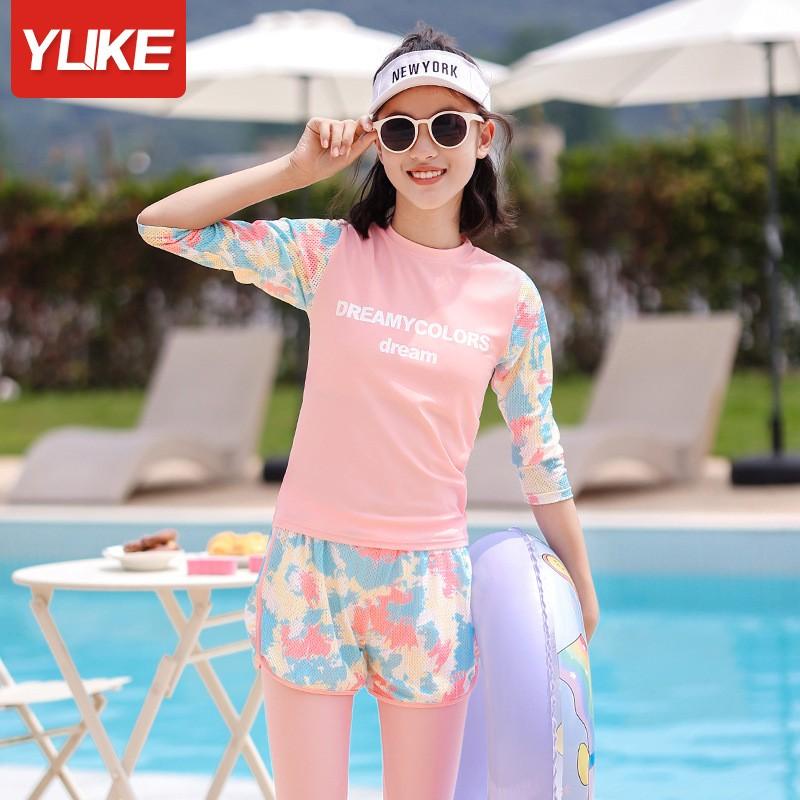 Đồ bơi bé gái, tay dài quần dài chống nắng, set 3 món, phối vải lưới trẻ trung màu sắc tươi sáng size từ 14kg - 38kg