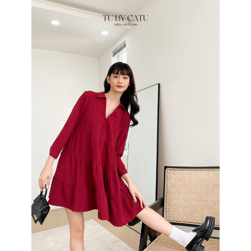 TUBYCATU | Đầm sơ mi đỏ 3 tầng