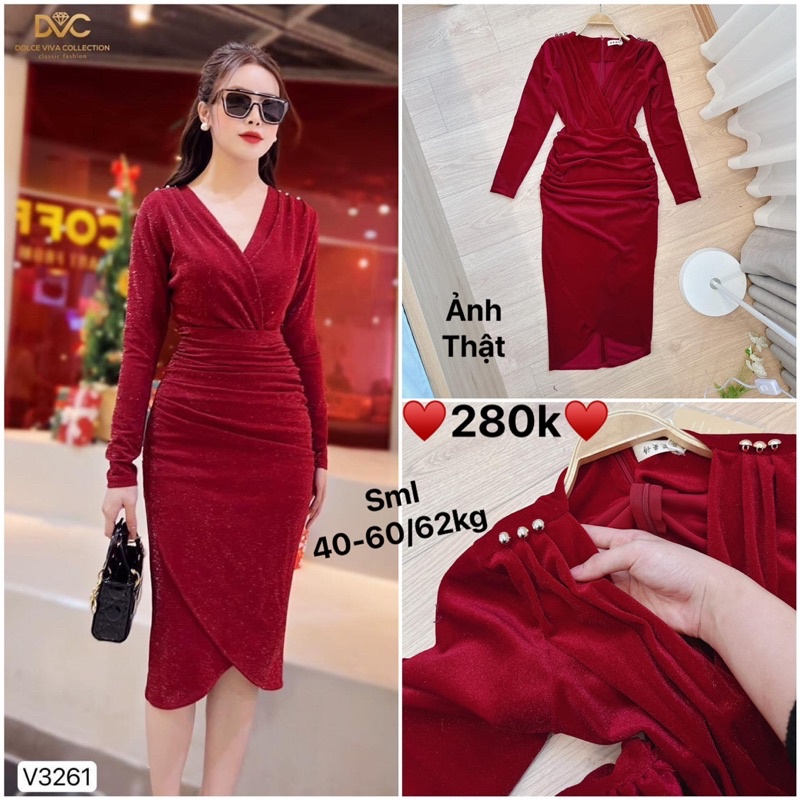 Đầm thiết kế nhung nhũ đỏ li vai cổ v chéo hạt sang chảnh