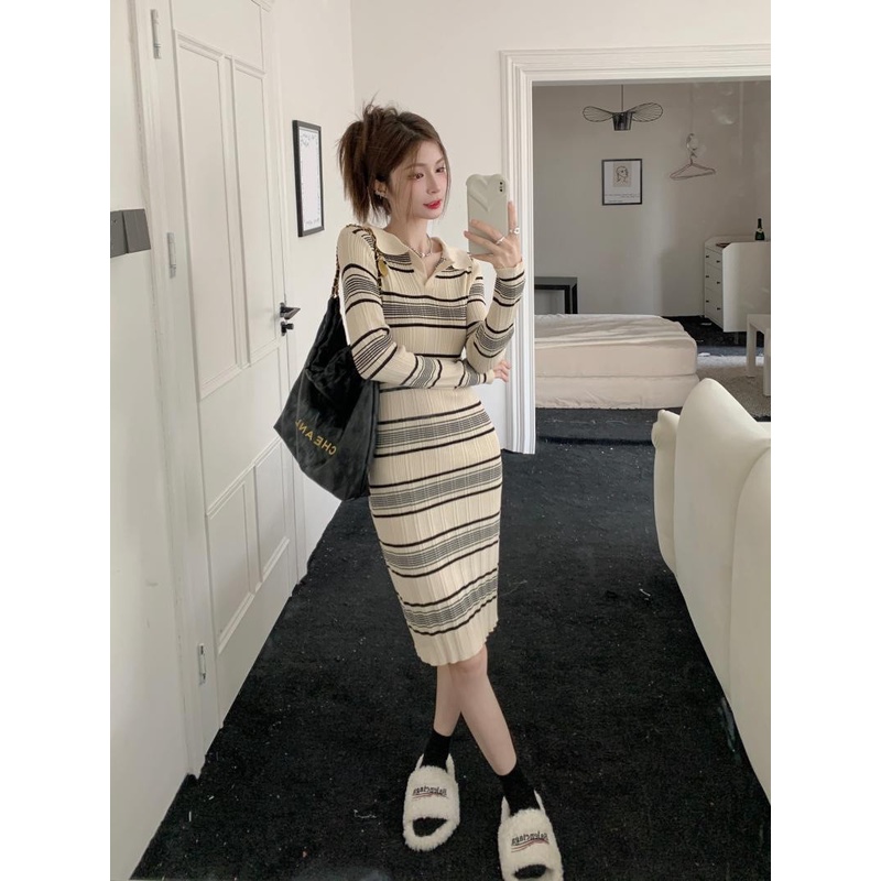 Đầm Dệt Kim Ôm Dáng Họa Tiết Kẻ Sọc Màu Trắng Đen Phong Cách Hàn Quốc Thời Trang Thu Đông Cho Nữ