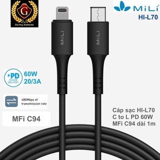 Cáp sạc nhanh mili hi-l70 c to l pd 60w chuẩn mfi c94