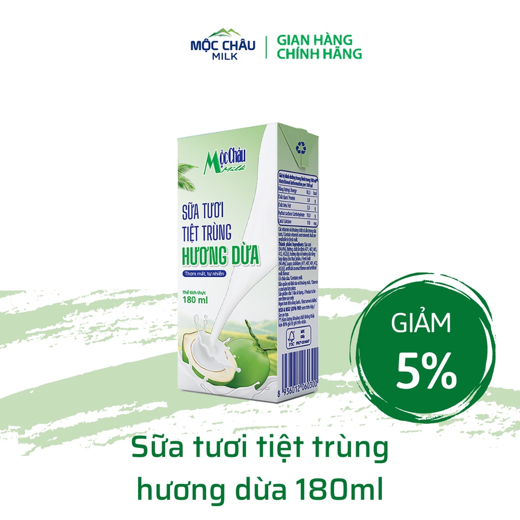 Thùng 48 hộp Sữa tươi tiệt trùng hương dừa Mộc Châu Milk (180mlx48)