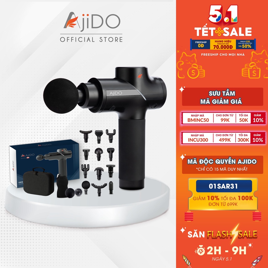 Máy Massage Cầm Tay AJIDO-M3, 15 Đầu Thay Thế, 30 Cấp Độ - Súng Mát Xa Toàn Thân Chuyên Sâu Giãn Cơ, Đấm Lưng, Cổ Vai