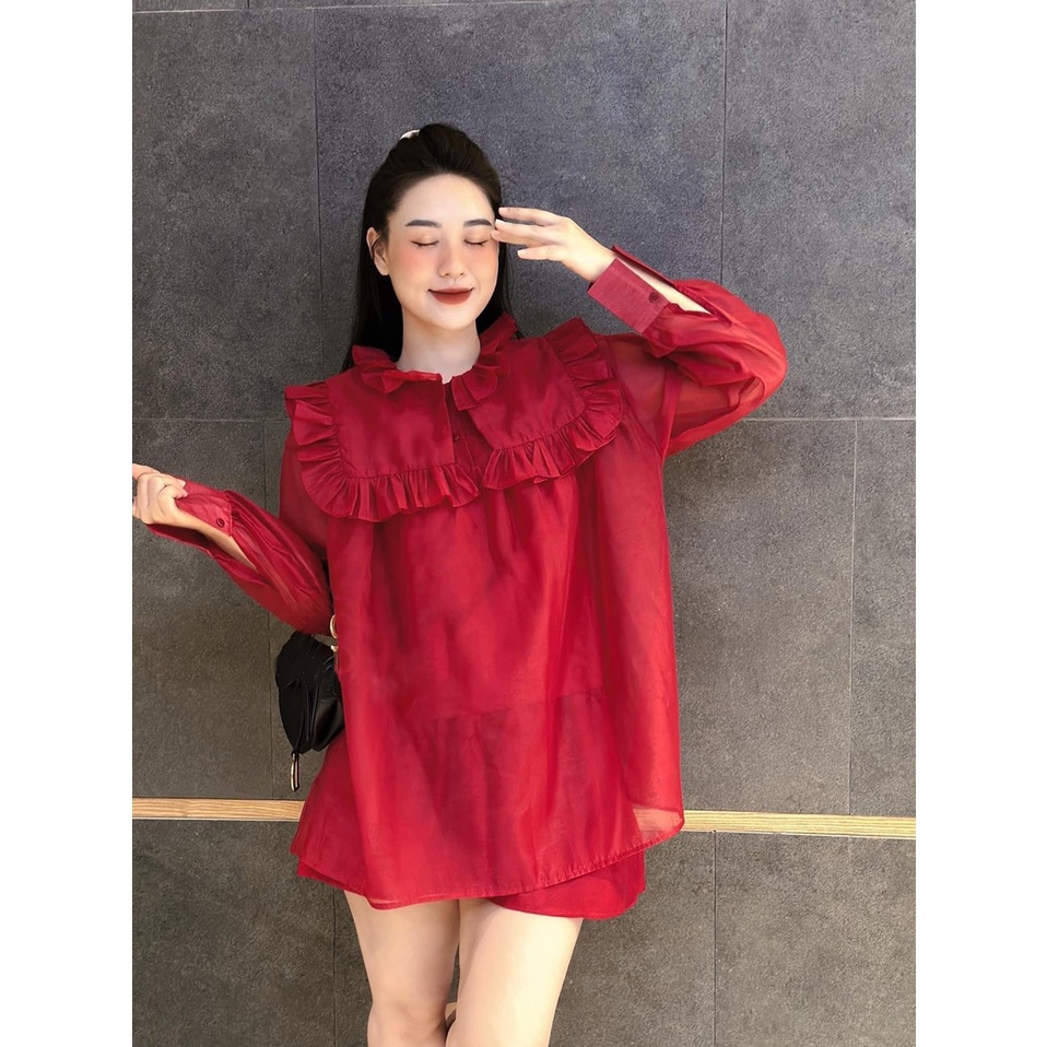 Set Đồ Nữ Ms.2016 Áo Sơ Mi Cổ Sen Bản To Dáng Suông Rộng Phối Quần Short Ống Xòe Chất Tơ Hai Lớp