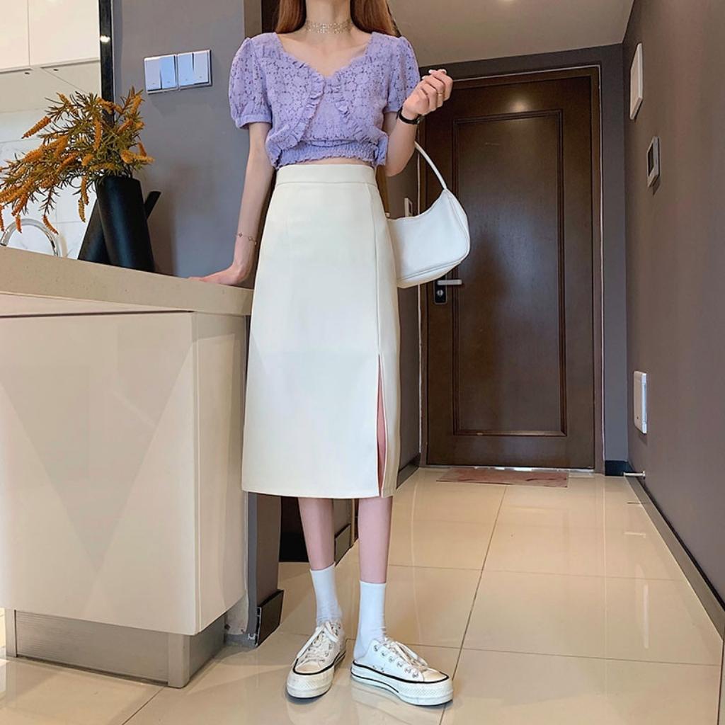 Chân váy Midi xẻ tà dài dáng suông đơn giản cá tính phong cách sang trọng có big size, vải tuyết mưa vitex dày dặn mã072