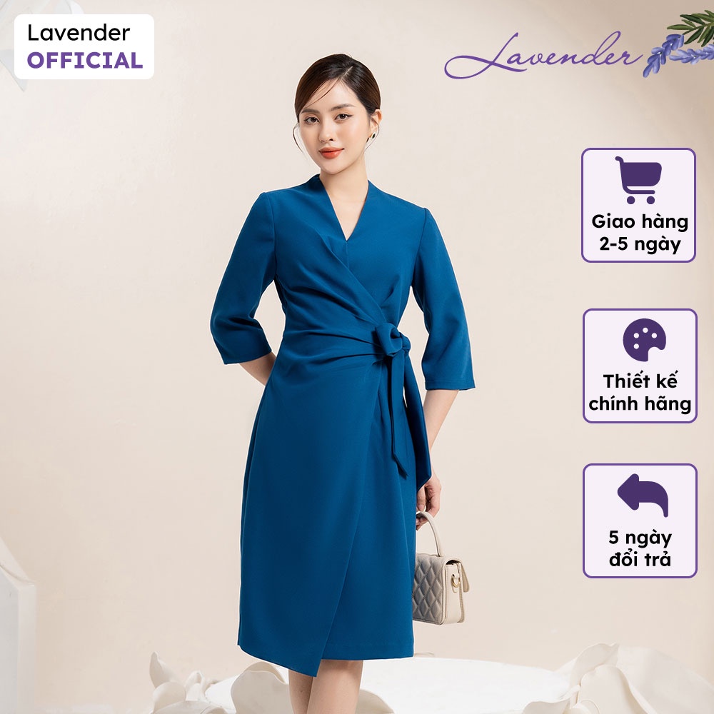 Đầm công sở thiết kế LAVENDER dáng ôm xếp ly eo buộc nơ xanh dương D2756