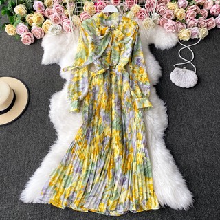 Đầm tay dài hoa voan siêu đẹp tiể thư bo eo