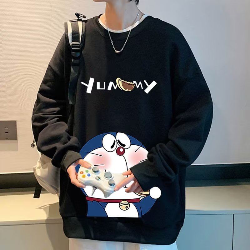 M-8XLáo khoác nam Áo Sweater Tay Dài Dáng Rộng cotton In Hình Mèo Máy Doremon Phong Cách retro Mỹ Thời Trang Unisex