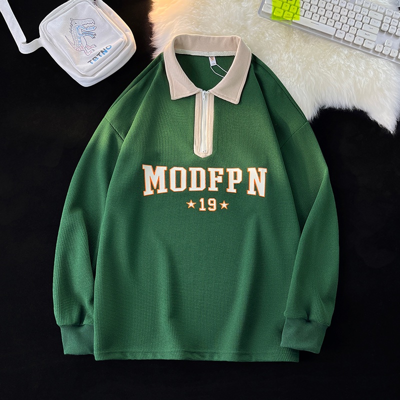 Áo Thun polo Có Khóa Kéo Một Nửa In Hình Bánh Waffle Mỹ Dành Cho Nam Sinh