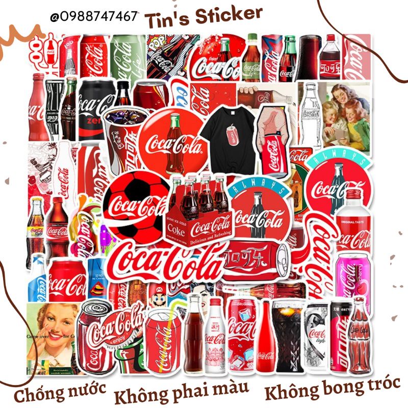 Set combo 50 miếng dán sticker Coca Cola Coke dán nón mũ bảo hiểm laptop vali sổ tay tủ lạnh đàn guitar xe máy