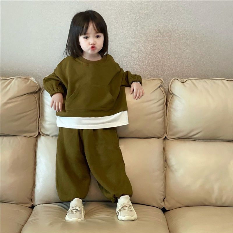 Set Áo Hoodie Giả Hai Lớp Kèm Quần Dài Phong Cách Hàn Quốc Cho Bé