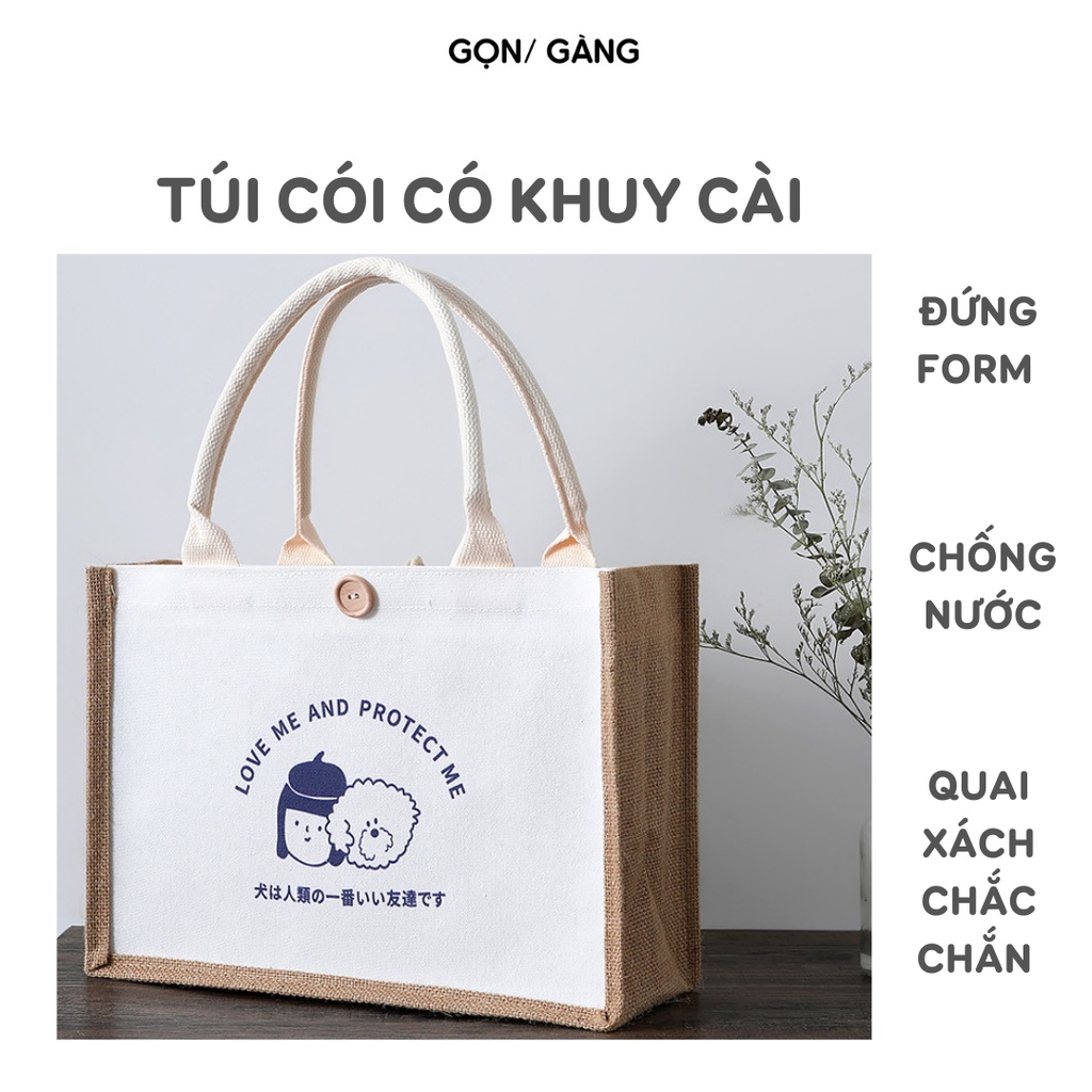 Túi cói có cúc cài in hình túi xách tay vintage merci đựng đồ dùng quần áo đứng form có khuy cài chống nước đi biển