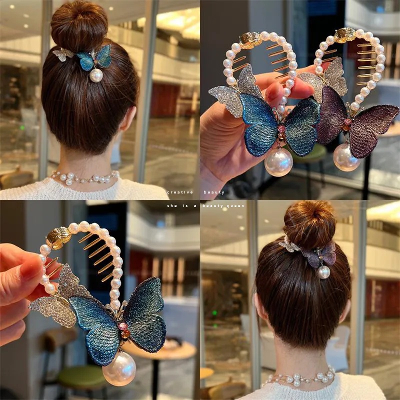 1 Kẹp Tóc Đuôi Ngựa Hình Bướm Đính Ngọc Trai Phong Cách Vintage Thanh Lịch Dành Cho Nữ