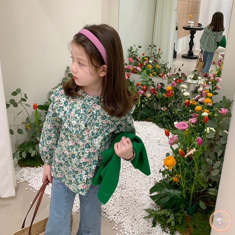 Bộ 2 Món Áo Sơ Mi Tay Dài In Hoa + Quần Jean Dài Thời Trang Cho Bé Gái